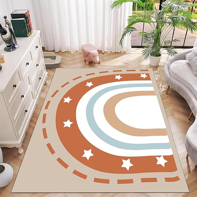 Machine Washable Rainbow Rugs Bedroom Fluffy Plush Soft Area Rugs Star Rainbow Patterns Living Room Non-Slip Indoor Flooring Kids Girls Boys Home Decor Aesthetics 5x7ft