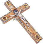Olive Wood Wall Cross Silver Crucifix with Mother of Peral Design-Bethlehem Star on a Wooden Cross – Made in Bethlehem Holy Land The Place Where Jesus was Born by Christian Craftsmen.