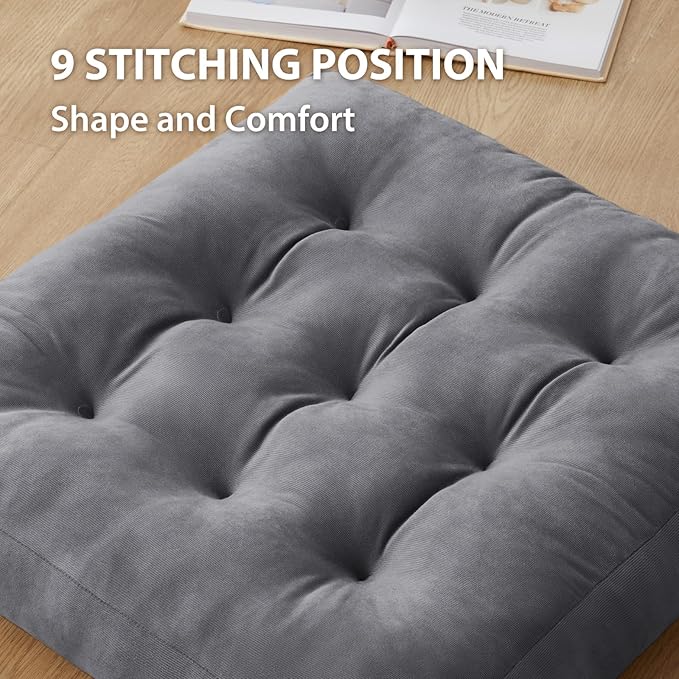 Meditation Floor Pillow Set of 6, Square Large Pillows Seating for Adults, Meditation Cushion Pillow,Tufted Corduroy Cushion for Tatami Living Room or Yoga, Light Gray, 22x23 Inch