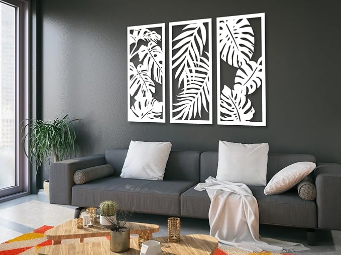 Vailla Wood Wall Art Decor Tropical leaves Wall Hanging Sculpture Modern Home Decoration 3 Wall Hangings Large Wooden Wall Arr 3D Textured Sculptures for Living Room Bedroom Office Dinnig Room