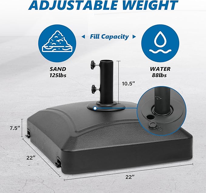 Simple Deluxe 125lb Capacity Fillable Mobile Patio Umbrella Base Heavy Duty Square Market Stand for Outdoor with 4 Wheels, 2 Locks, 2 Knobs, Black