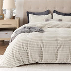 Bedsure Fluffy Duvet Cover Set - Ultra Soft Plush Shaggy Comforter Cover Queen Size, Warm Flannel Fleece Bed Sets for Winter, 3 Pieces (Striped Pattern, Linen)