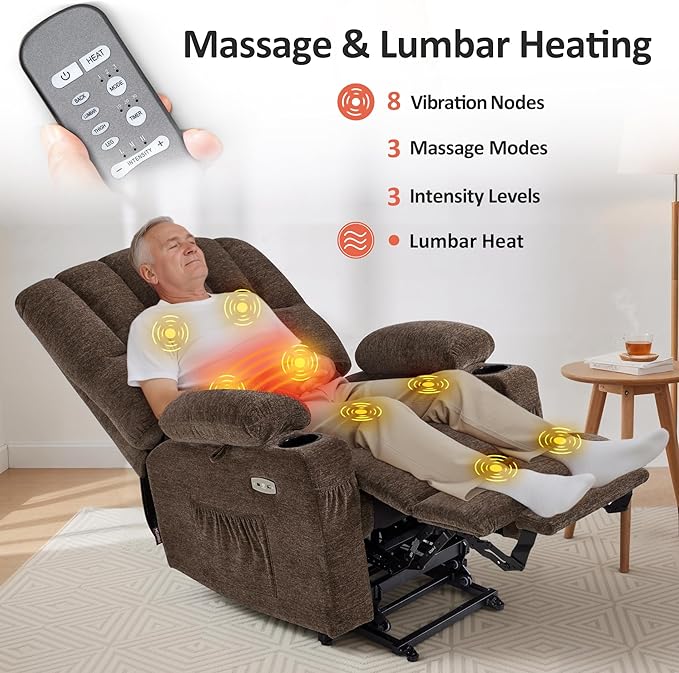 MCombo Large Power Lift Recliner Chair for Elderly, Lift Chair with Heat and Massage, 3 Positions, USB Charge Ports, Cup Holders, Fabric 7099 (Large, Coffee)