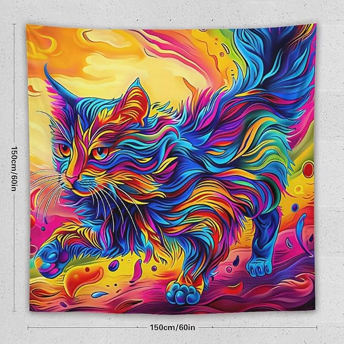 VUMIVI Colorful Cat Tapestry Pet Oil Painting Print Rainbow Colorful Abstract Art Pattern Tapestry Wall Hanging for Living Room Bedroom Dorm Classroom Aesthetic Decor W60xL60in