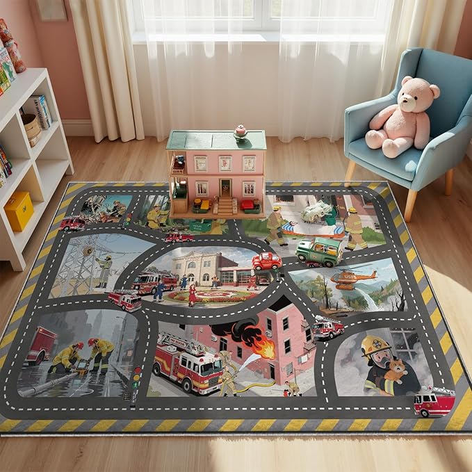 4x6ft Kids Fire Department Missions Play Rug,Non-Slip Faux Wool Carpet with Interactive Fire Department Missions Design for Playroom, Bedroom, Nursery Gift