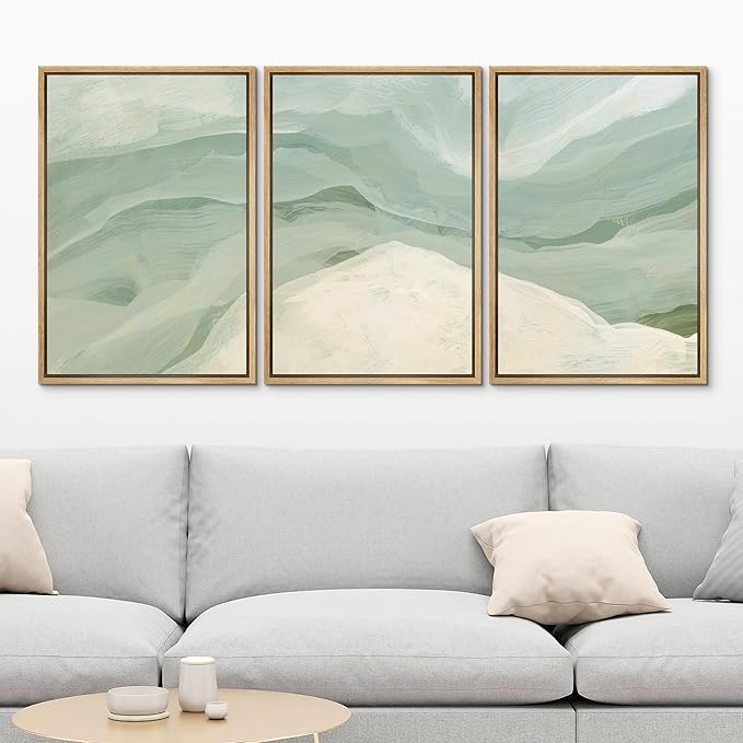MUDECOR Framed Wall Art Print Set Pastel Waves Blue and White Tones Illustrations Modern Art Boho Decorative Colorful Chic for Living Room, Bedroom, Office - 16"x24"x3 Natural