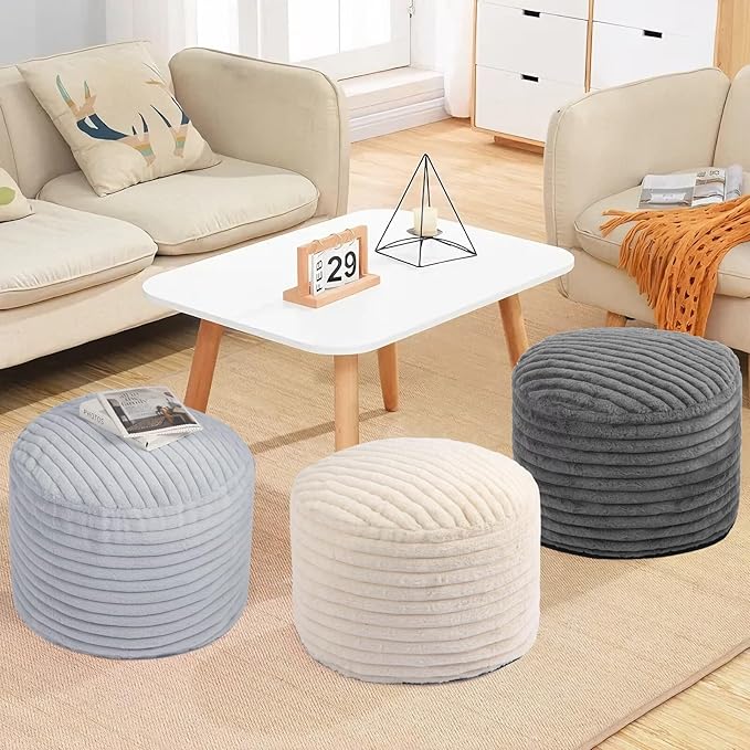 Round Stuffed Pouf Ottoman Foot Rest for Couch Round Ottoman with Foam Chunk Filling Stripe Faux Fur Ottomans for Living Room Floor (20"x15",Light Grey)