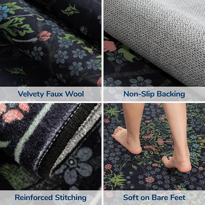 Lessymo Washable Entryway Rug 2x3, Front Door Mat Indoor Non-Slip Bathroom Small Area Rugs for Kitchen Bedroom Entry, Vintage Forest Floral Design, Black Green