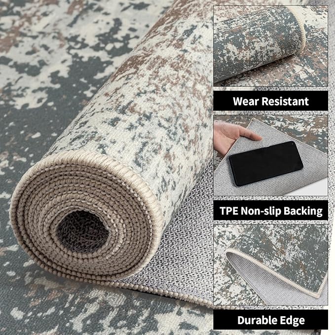 Ciicool Modern Abstract Area Rug 2x3 Washable Small Entryway Rugs, Non-Slip Low Pile Throw Rug, Thin Kitchen Bathroom Rug, Grey Brown Floor Carpet for Entrance Living Room Bedroom Indoor Door Mat