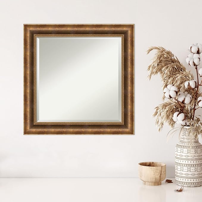 Amanti Art Bronze Wall Mirror 25x25 Manhattan Bronze Square Bathroom Mirror for Wall Decor Living Room, Medium Traditional Wood Frame, Hangs Horizonally and Vertically, Bathroom Decor, Beveled Edge