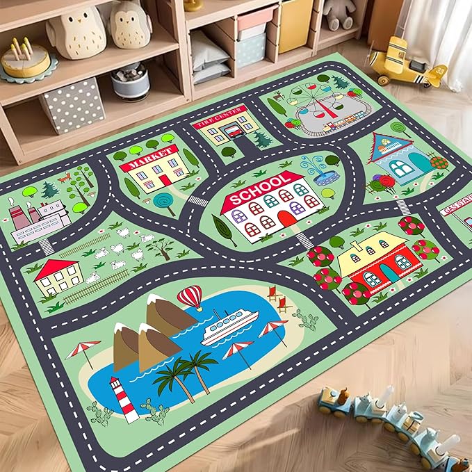 Kids Car Playmat, Kids Rug for Playroom Car Mat Town City Road Traffic Rugs, Play Mat for Floor, Extra Large Boys Kid Car Track Play Rug (Style Two, 59X 39.4 INCH)