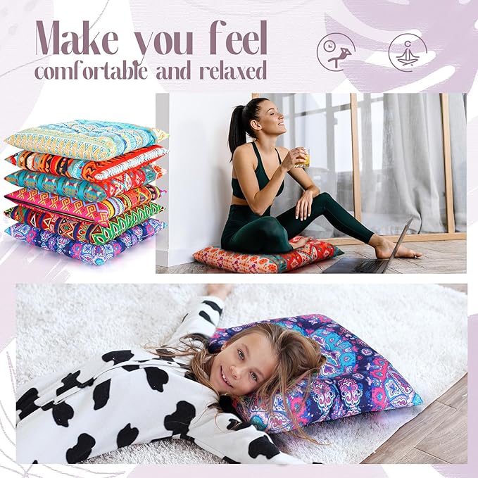 Menkxi 6 Pcs Bohemian Floor Pillows Seating 15 Inch Boho Floor Cushions Sitting Pillows Square Yoga Mandala Meditation Pouf for Living Room Balcony Office Tatami(Stylish)