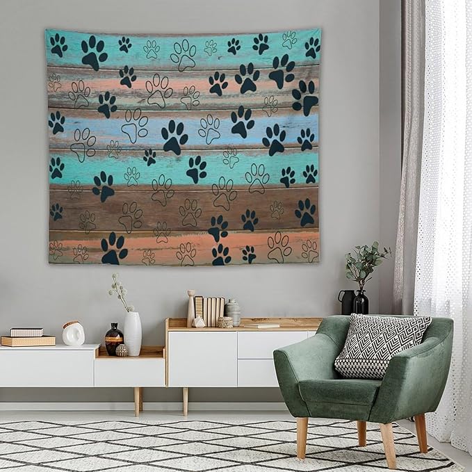 VUMIVI Dog Paw Print Tapestry Rustic Farmhouse Vintage Wood Paneling Home Decor Tapestry Wall Hanging for Living Room Bedroom Dorm Classroom Aesthetic Decor W60xL50in