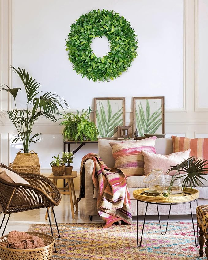 Vlorart 24 Inch Large Greenery Wreath for Front Door, Artificial Green Leaves Spring Summer Door Wreaths, Boxwood Wreath for Indoor Outdoor Farmhouse Home Wall Window Wedding Decor All Season