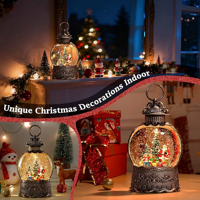 Christmas Snow Globe Lantern,Christmas Lantern with 8 Christmas Theme Music,Christma Snow Globe Gifts Water Glittering Swirling Christma Home Decoration