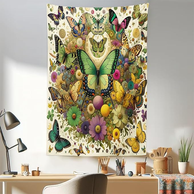 Ambesonne Boho Tapestry, Dancing Moth and Butterfly with Colorful Leafy Jumble Flowers Witchcore, Fabric Wall Hanging Decor for Bedroom Living Room Dorm, 30" X 45", Fern Green Lilac Orange