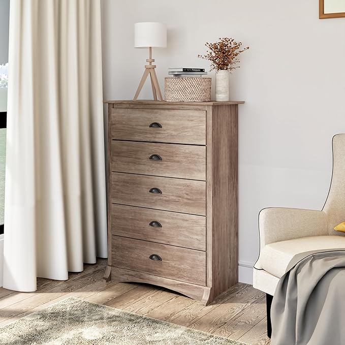 Prepac Sonoma Rustic 5-Drawer Tall Dresser for Bedroom, Farmhouse Dresser Chest of Drawers 17.75" D x 31.5" W x 44.75" H, Drifted Gray