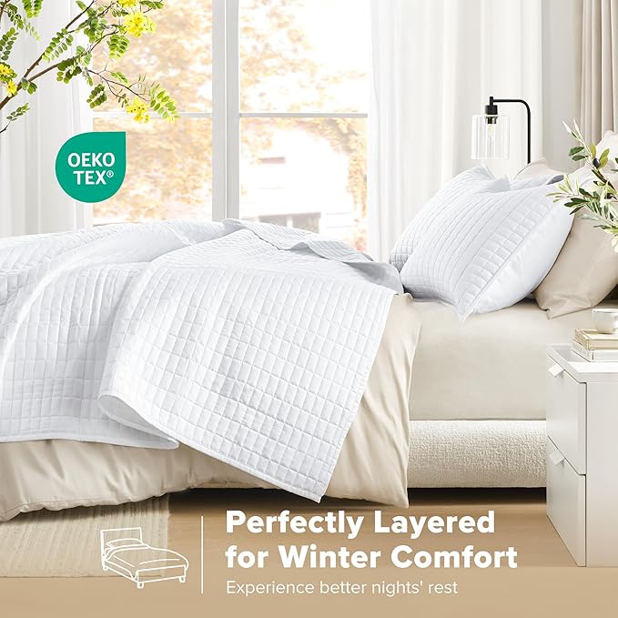 Comfort Spaces Kienna Quilt Set- Double Sided Stitching Design Summer Blanket, Lightweight, Soft, All Season Bedding Layer, Matching Sham, White, Coverlet Full/Queen(90"x90") 3 Piece