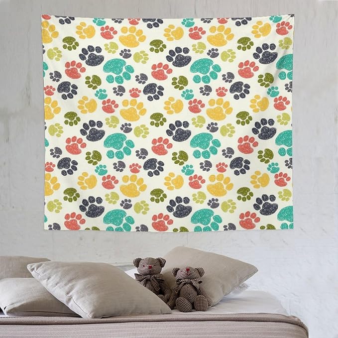 VUMIVI Dog Paw Tapestry Hand Painted Colorful Animal Footprints Doodle Kids Painting Tapestry Wall Hanging for Living Room Bedroom Dorm Classroom Aesthetic Decor W60xL50in