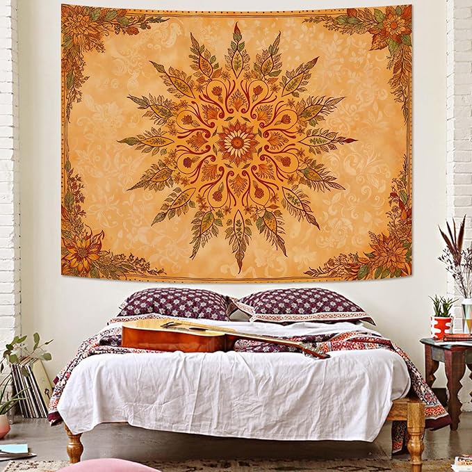 Accnicc Boho Mandala Floral Tapestry Vintage Bohemian Indian Tapestries for Bedroom Aesthetic Retro Orange Yellow Flower Tapestry Wall Hanging for Dorm Living Room Decor 60 x 44 Inch