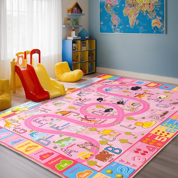 Kids Rugs Playmat for Bedroom Kids Room, Educational ABC Rug for Classroom, Non-Slip Washable Playroom Carpet for Boys Girls, Zoo Road Play Mat, 4x5 Pink