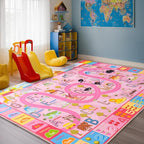 Kids Rugs Playmat for Bedroom Kids Room, Educational ABC Rug for Classroom, Non-Slip Washable Playroom Carpet for Boys Girls, Zoo Road Play Mat, 4x5 Pink