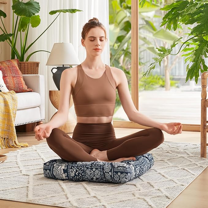 Codi Meditation Floor Pillow, Square Pillows Seating for Adults and Kids, Boho Cushion for Yoga Living Room Tatami Sitting, Memory Foam Added, 22x22 Inch, Indigo Elephant