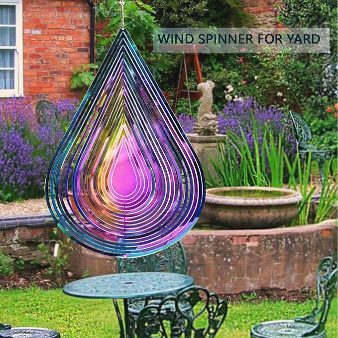 Wind Spinner Outdoor Metal 3D Wind Spinner Hanging Yard Garden Decor Gifts Stainless Steel Water Drop-Shaped Spinners with 360° Rotating Hook