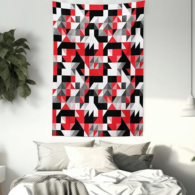 Ambesonne Abstract Tapestry Twin Size, Abstract Geometric Half Triangles Squares Maze Inspired Image, Wall Hanging Bedspread Bed Cover Wall Decor, 68" X 88", Charcoal Vermilion