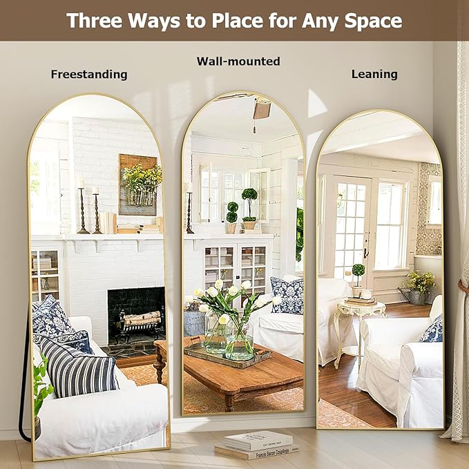 GLSLAND-21x64 inch Full Length Mirror-Aluminum Alloy Frame-Arch Mirror Full Length HD-Full Body for Bedroom or Living Room, Gold