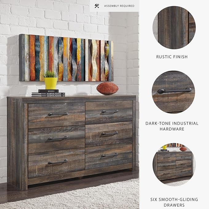 Signature Design by Ashley Drystan 6 Drawer Dresser, Large-scale Hardware, Smooth-gliding Drawers, Wood, 58.7" W x 15.31" D x 36.46" H, Weatherworn Brown