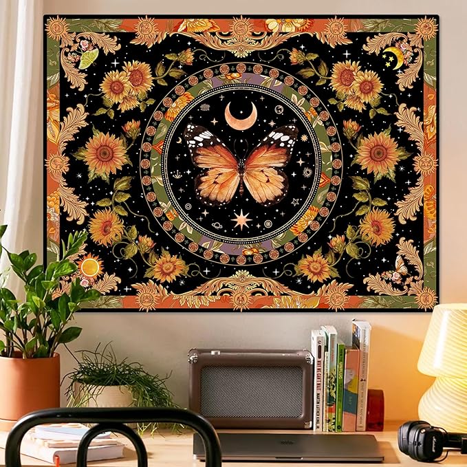 Accnicc Butterfly Floral Tapestry Vintage Indie Boho Flower Tapestries for Bedroom Aesthetic Retro Yellow Sunflower Moth Tapestry Wall Hanging for Dorm Living Room (80'' × 60'')