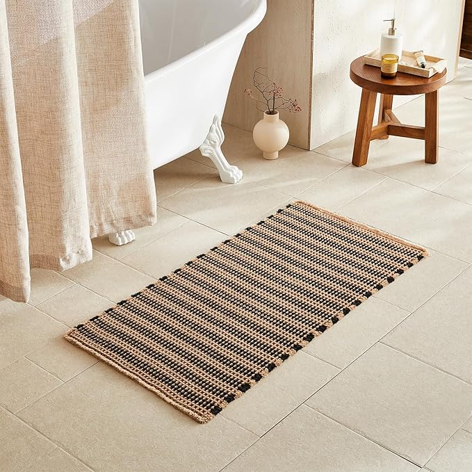 Waffle Bath Mat, Boho Bathroom Rugs Non Slip Washable Super Absorbent Quick Dry Bath Mat Farmhouse Bathroom Decor, 48"x24" Black and Khaki