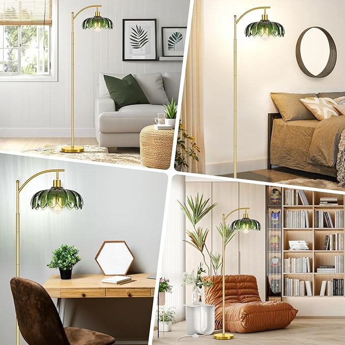 Gold Floor Lamp for Living Room,Unique Vintage Standing Tall Lamp,Mid Century Modern Floor Lamps Arc Green Glass Floor Lamps for Office Corner