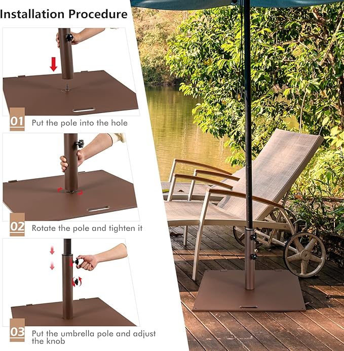 HAPPYGRILL 50 LBS Patio Umbrella Base, 24” Outdoor Square Market Umbrella Base Umbrella Holder with 1.6”/1.9” Adapters, 2 Tightening Knobs, 2 Built-in Wheels, Carry Handle