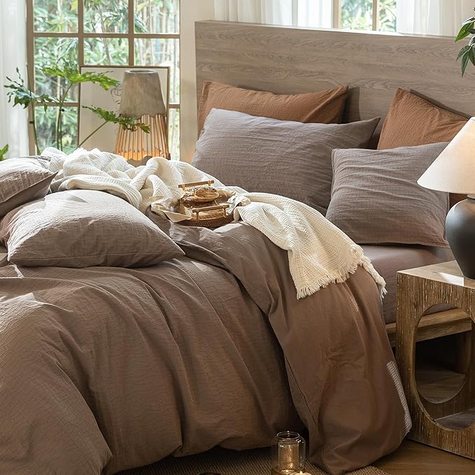 MooMee Wavy Striped Duvet Cover Set 100% Washed Cotton Linen Like Textured Breathable Durable Soft Comfy (Brown, Cal King 104"x98")