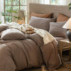 MooMee Wavy Striped Duvet Cover Set 100% Washed Cotton Linen Like Textured Breathable Durable Soft Comfy (Brown, Queen 90"x90")