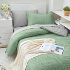HYMOKEGE Sage Green/Light Grey Twin XL Comforter Set Seersucker 5 Pieces, All Season Luxury Bed in a Bag for Bedroom, Bedding Set with Comforter, Sheets, Pillowcase & Sham