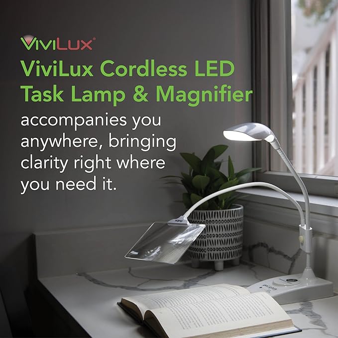 goLightly by ViviLux LED Craft Lamp with 3X Magnifier & Wireless Charger, Rechargeable Battery, Hands-Free Task Lighting for Crafts, Sewing & Reading