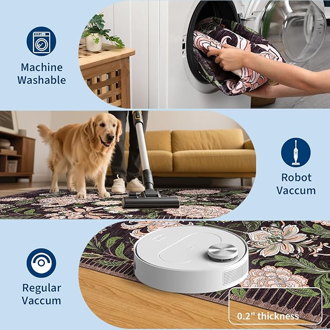GarveeHome Plum Pink Floral 2x3 Door Mat Indoor Rugs for Entryway Small Black Purple Vintage Boho Cottage Throw Washable Non-Slip Low-Pile Rug for Bedroom Kitchen Bathroom Entrance