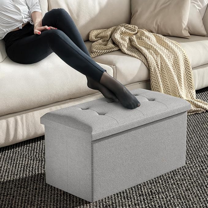 MoNiBloom 30 Inch Storage Ottoman Bench, Rectangle End of Bed Bench, Storage Padded Seat, Linen Fabric Ottoman Footrest for Living Room, Bedroom, Entryway, Light Gray