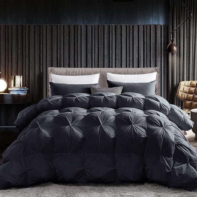 Luxurious All-Season Goose Down Feather Fiber Comforter Twin Size Duvet Insert, Exquisite Pinch Pleat Design, Premium Baffle Box, 100% Egyptian Cotton Cover, 50 oz. Fill Weight, Black