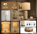 OYEARS 22'' Table Lamp Set of 2 for Living Room,Farmhouse Lamp for for Bedroom,Vintage Retro Bedside Lamps with USB Ports Linen Shade for Home Office (Brown, Bulb Included)