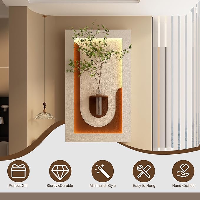 LED Sandstone Wall Decor, 3D Wall Art Sculpture, Simulated Green Plants, Glass Vase & Remote Control 3 Color Light for Living Room, Bedroom, Corridor(Light Coffee,41.4 * 23.6in)