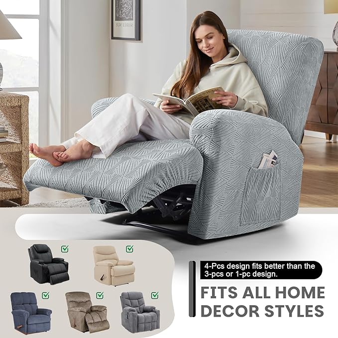 VANSOFY Oversized Recliner Chair Covers, 4-Pieces Stretch Recliner Cover Jacquard Soft Reclining Chair Slipcover Furniture Protector with Elastic Bottom for Lazy Boy Recliner(Light Gray)