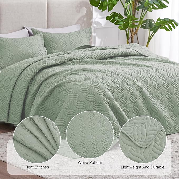 Love's cabin Quilts for Queen Bed Sage Bedspreads Bedding Set - Summer Lightweight Bedspread Comforter - Wave Pattern Bedding Coverlet for All Season - 3 Pieces (1 Quilt, 2 Pillow Shams)