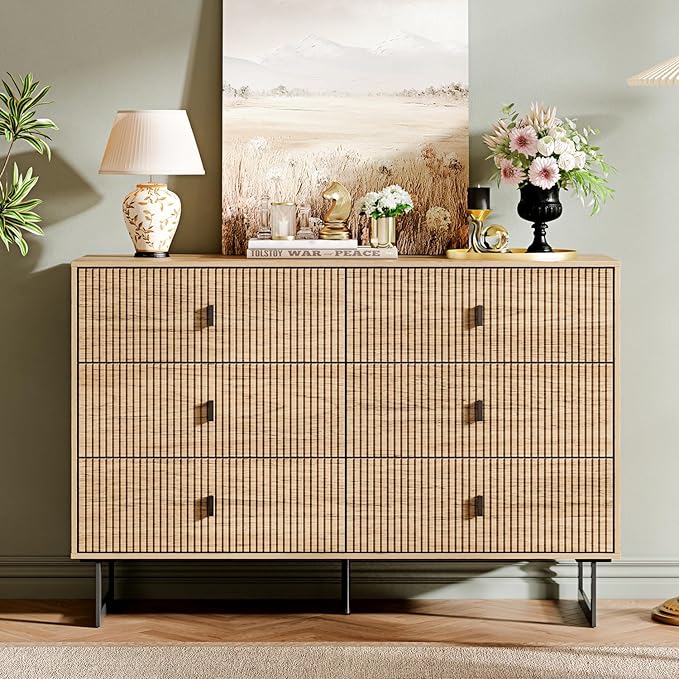 6 Drawer Dresser,47" Wide Mid Century Chest of Drawers,Wooden Bedroom Drawer Dresser with 6 Storage Drawers for Bedroom,Living Room,with Anti-Tipping Device,Warm Wood