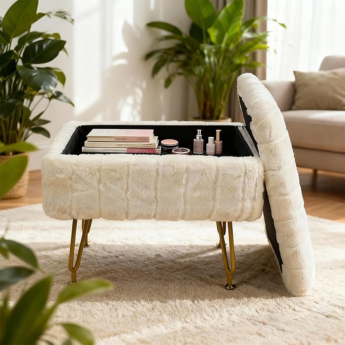 ACEQLYT® Small Foot Stool Ottoman with Storage, Foot Rest for Couch and Chair, White Faux Fur Storage Ottoman with Gold Metal Legs and Padded Seat