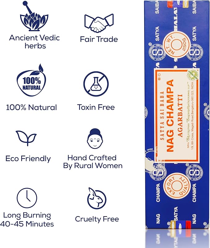 Satya Nag Champa Incense Sticks Bangalore- 250gm Bundle Natural Hand Rolled Non-Toxic Nagchampa BNG Insense Set with Raajsee Insence Stick Holder for Meditation, Yoga, Aromatherapy & Joss Sticks