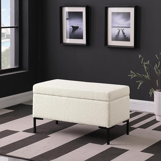 HomePop Upholstered Storage Bench with Metal Leg|Homepop Home Décor|Bench with Storage for Living Room & Entryway - Cream Boucle